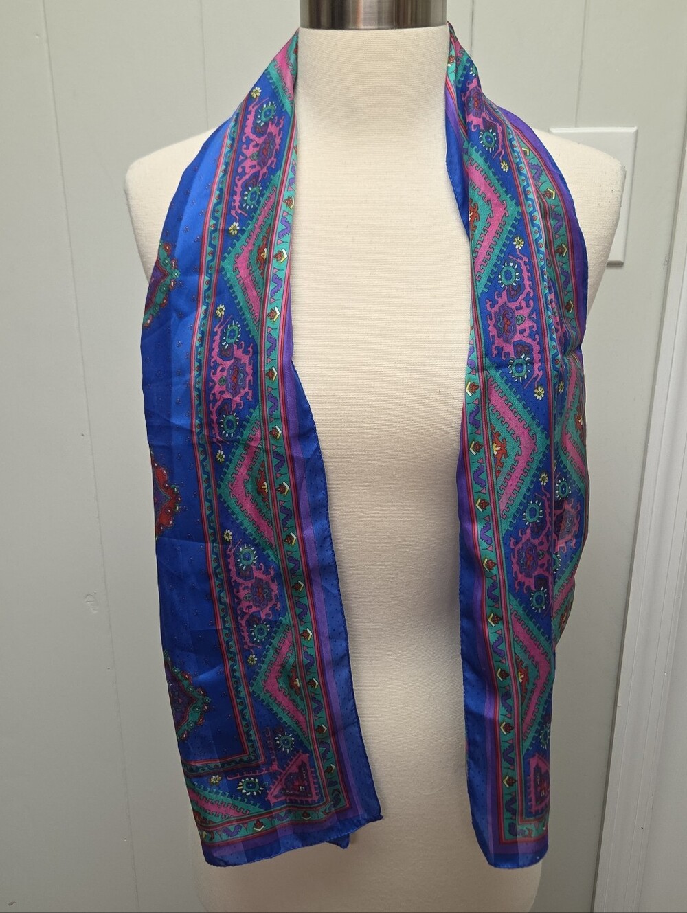 Rectangle Shaped Scarf From Italy pink Blue green geometric diamond medallions